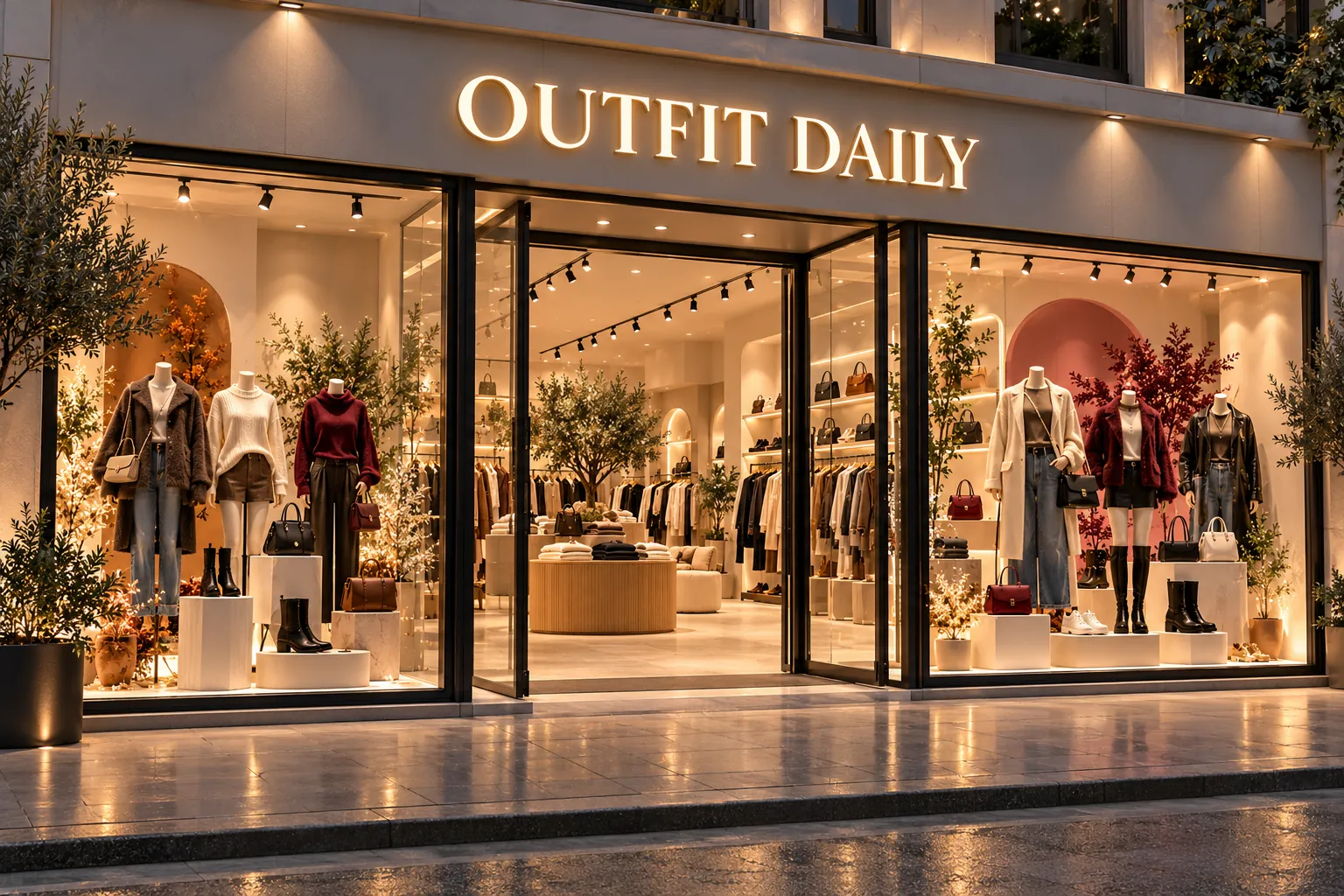 Vetrina illuminata della boutique Outfit Daily di sera, con manichini in capi d'autunno: entra nella boutique